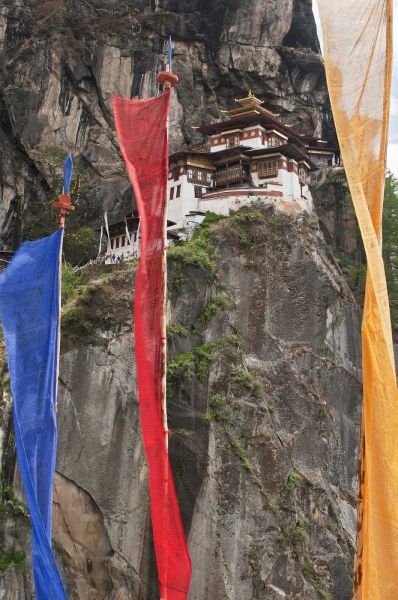 Bhutan Prayer flags hang near Taktshang
